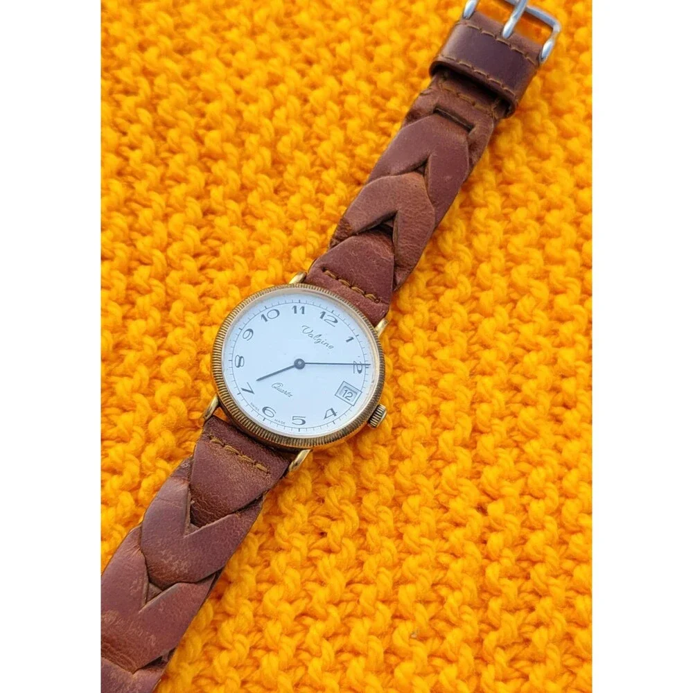 VTG Valgine Swiss Quartz Watch Gold Tone Brown Braid Leather Heritage Americana
